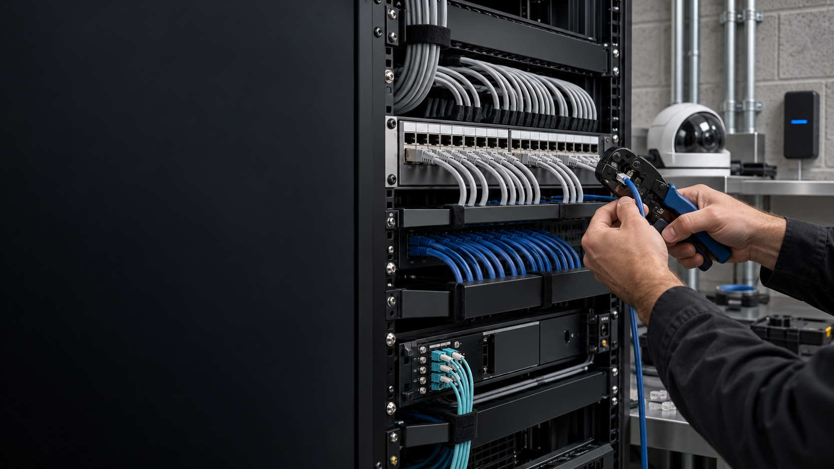 Illustrative view of a technician working with network cabling and connected systems